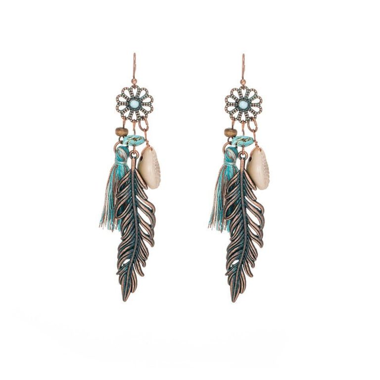 Grandes Boucles D'oreilles Vintage Bohème – Métal Bronze Et Perles Corail